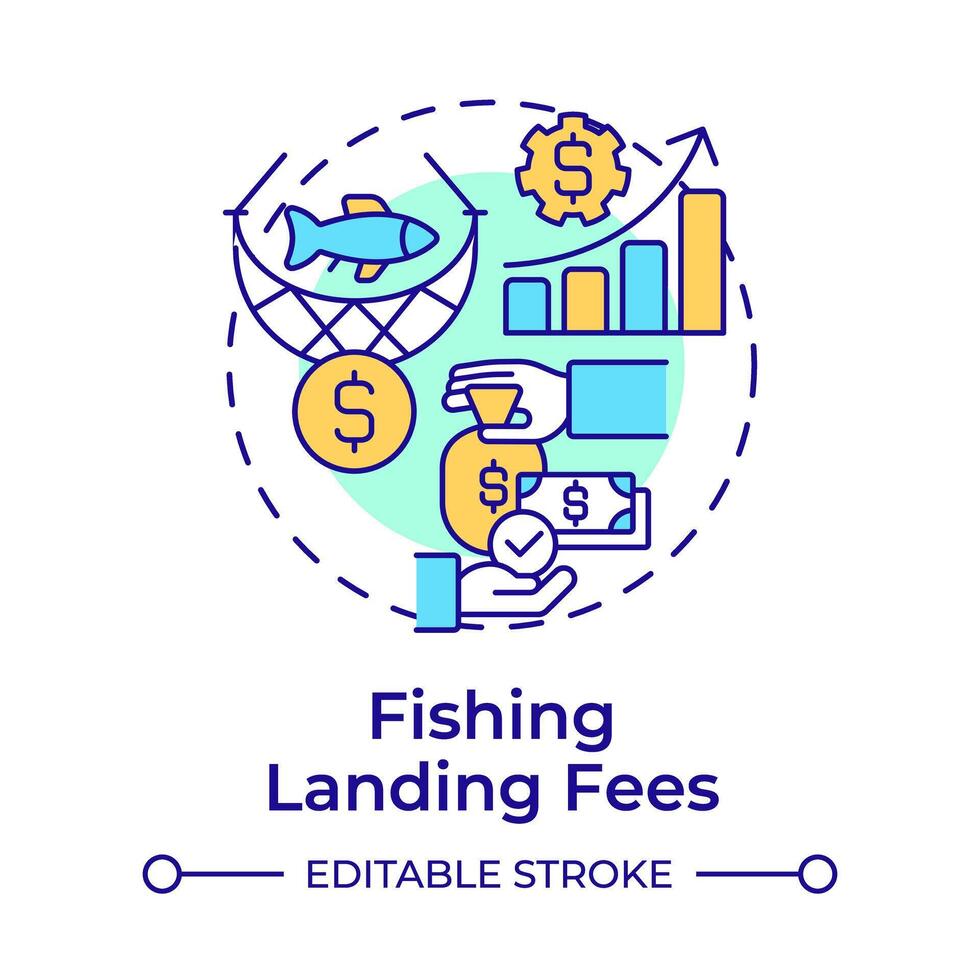 Fishing landing fees multi color concept icon. Revenue increase, business. Seafood production. Round shape line illustration. Abstract idea. Graphic design. Easy to use in infographic, presentation vector