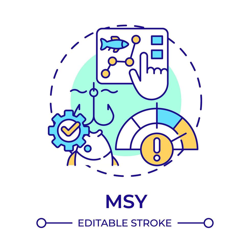 MSY multi color concept icon. Fishing limits, fisheries management. Fish analysis. Round shape line illustration. Abstract idea. Graphic design. Easy to use in infographic, presentation vector