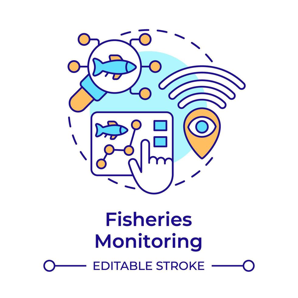 Fisheries monitoring multi color concept icon. Fish analysis. Aquatic ecosystem health. Round shape line illustration. Abstract idea. Graphic design. Easy to use in infographic, presentation vector