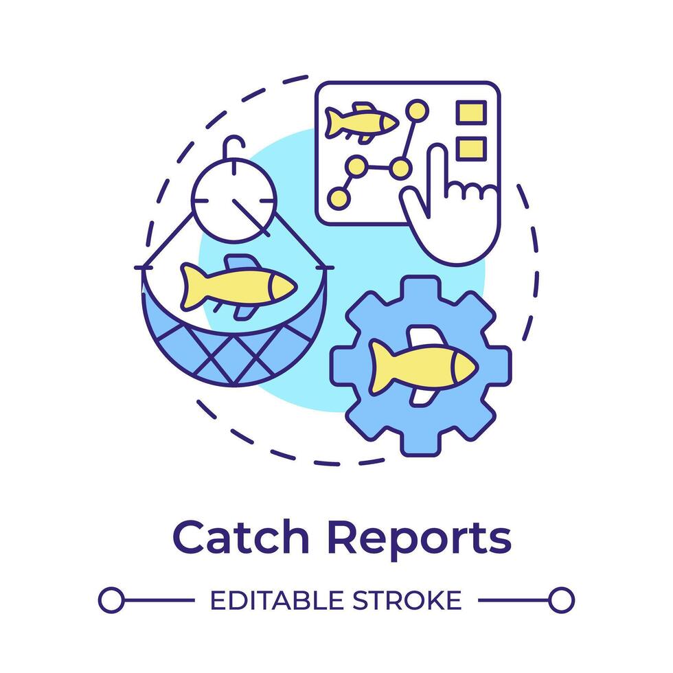 Catch reports multi color concept icon. Fisheries monitoring, aquatic resources. Round shape line illustration. Abstract idea. Graphic design. Easy to use in infographic, presentation vector