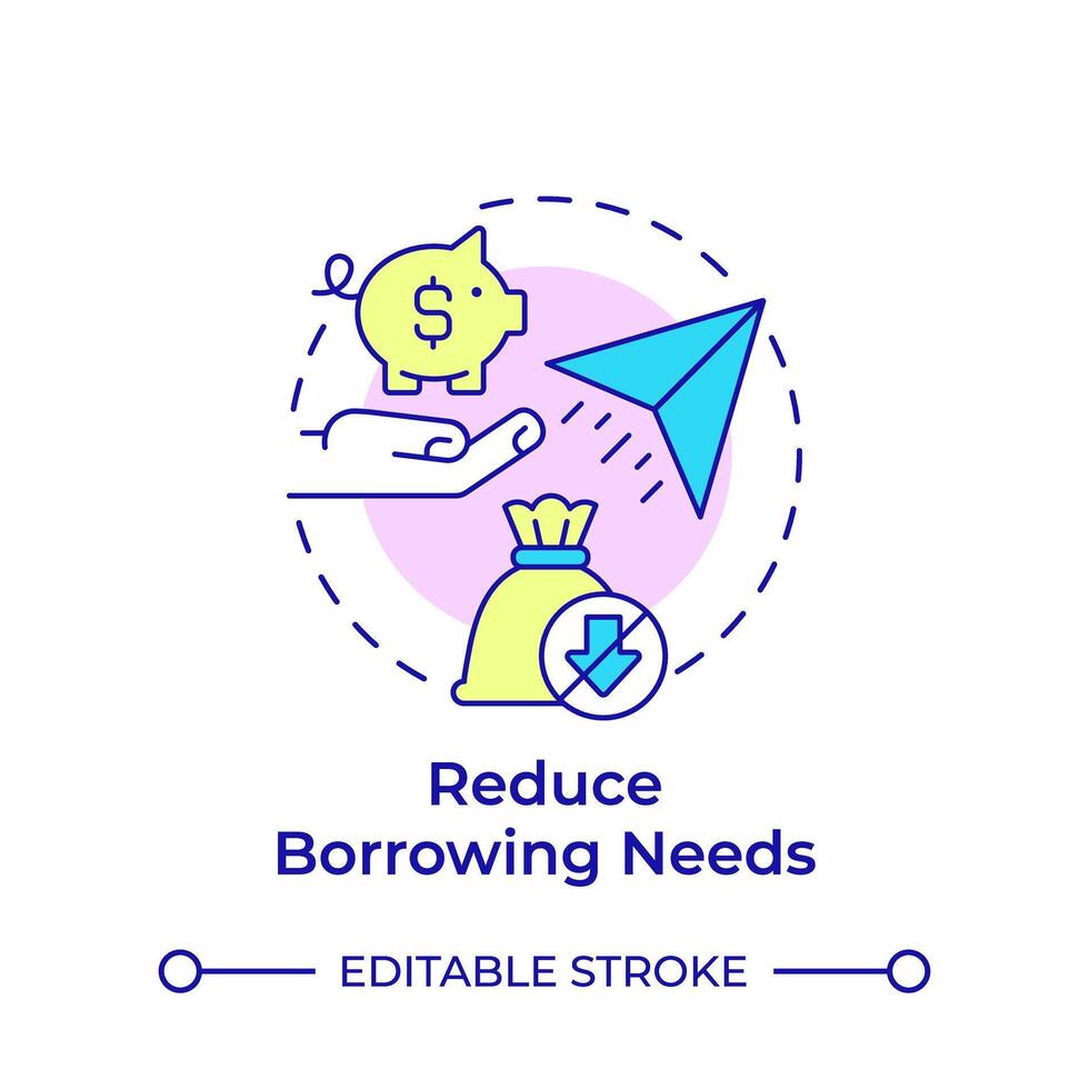Reduce borrowing needs multi color concept icon. Credit accounting, debt. Paper plane, money bag. Round shape line illustration. Abstract idea. Graphic design. Easy to use in infographic, presentation vector