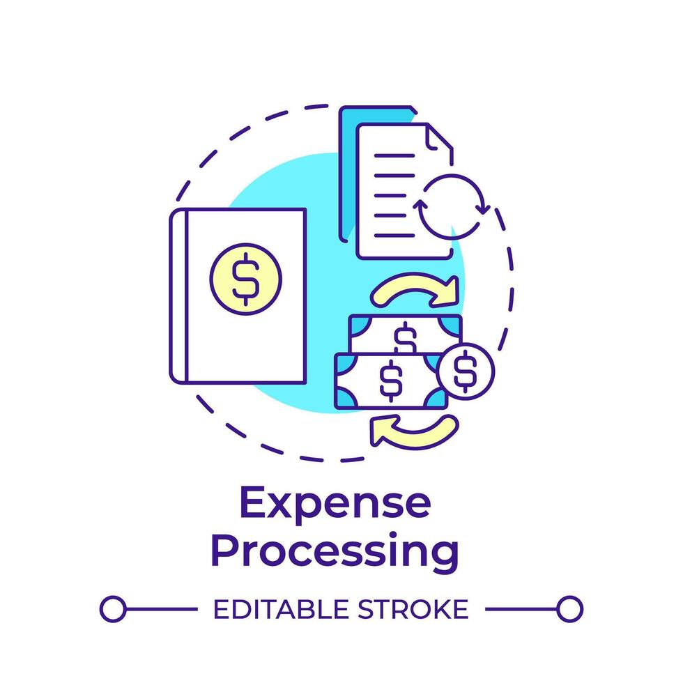 Expense processing multi color concept icon. Budget plan, documentation. Records bookkeeping. Round shape line illustration. Abstract idea. Graphic design. Easy to use in infographic, presentation vector