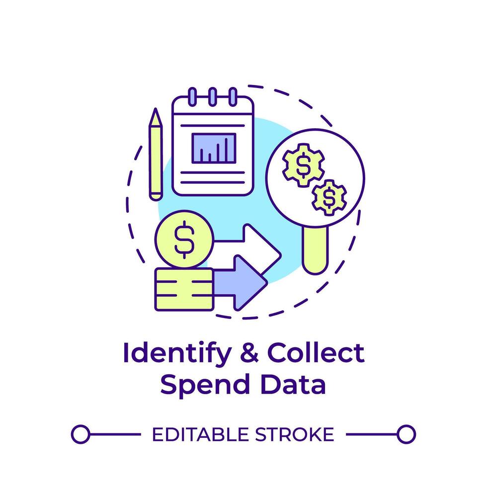 Identify and collect spend data multi color concept icon. Collecting statistics, financial needs. Round shape line illustration. Abstract idea. Graphic design. Easy to use in infographic, presentation vector