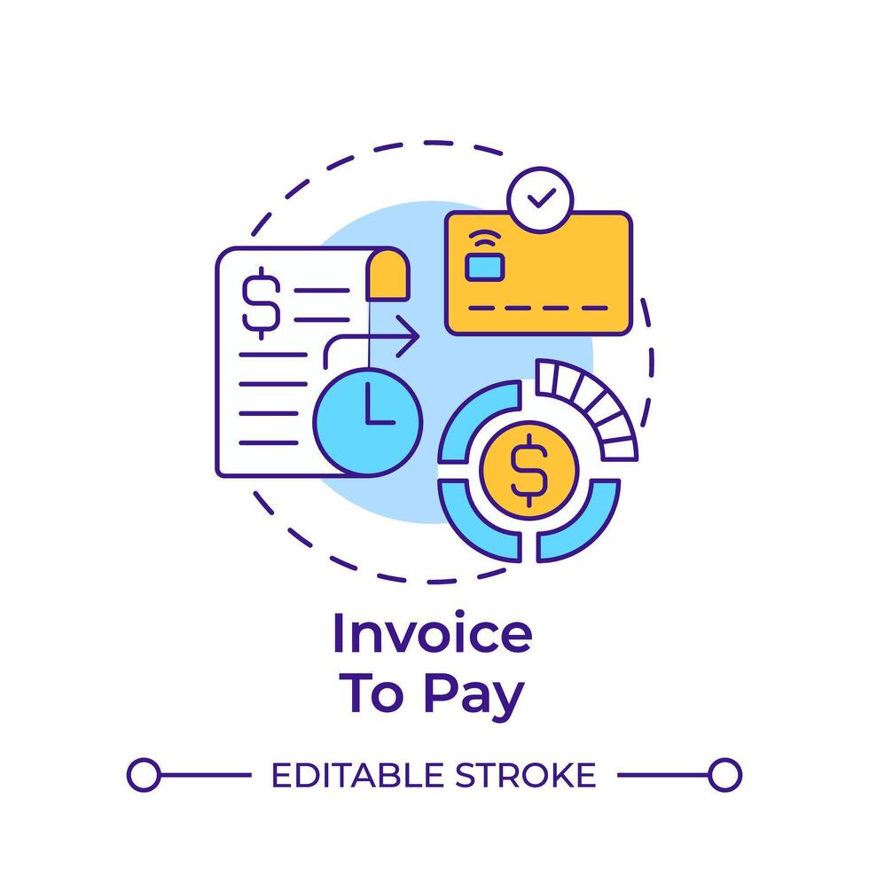 Invoice to pay multi color concept icon. Expense report, corporate spending. Debit card. Round shape line illustration. Abstract idea. Graphic design. Easy to use in infographic, presentation vector