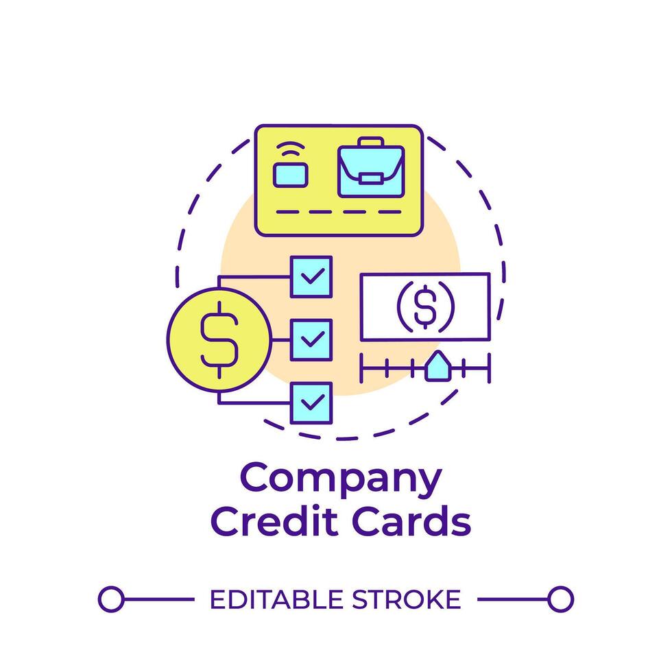 Company credit cards multi color concept icon. Corporate spending, economic stability. Round shape line illustration. Abstract idea. Graphic design. Easy to use in infographic, presentation vector