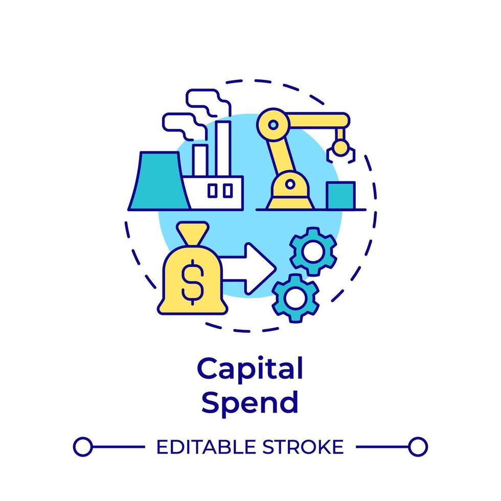 Capital spend multi color concept icon. Production efficiency, expenditure. Industrial manufacturing. Round shape line illustration. Abstract idea. Graphic design. Easy to use in infographic vector