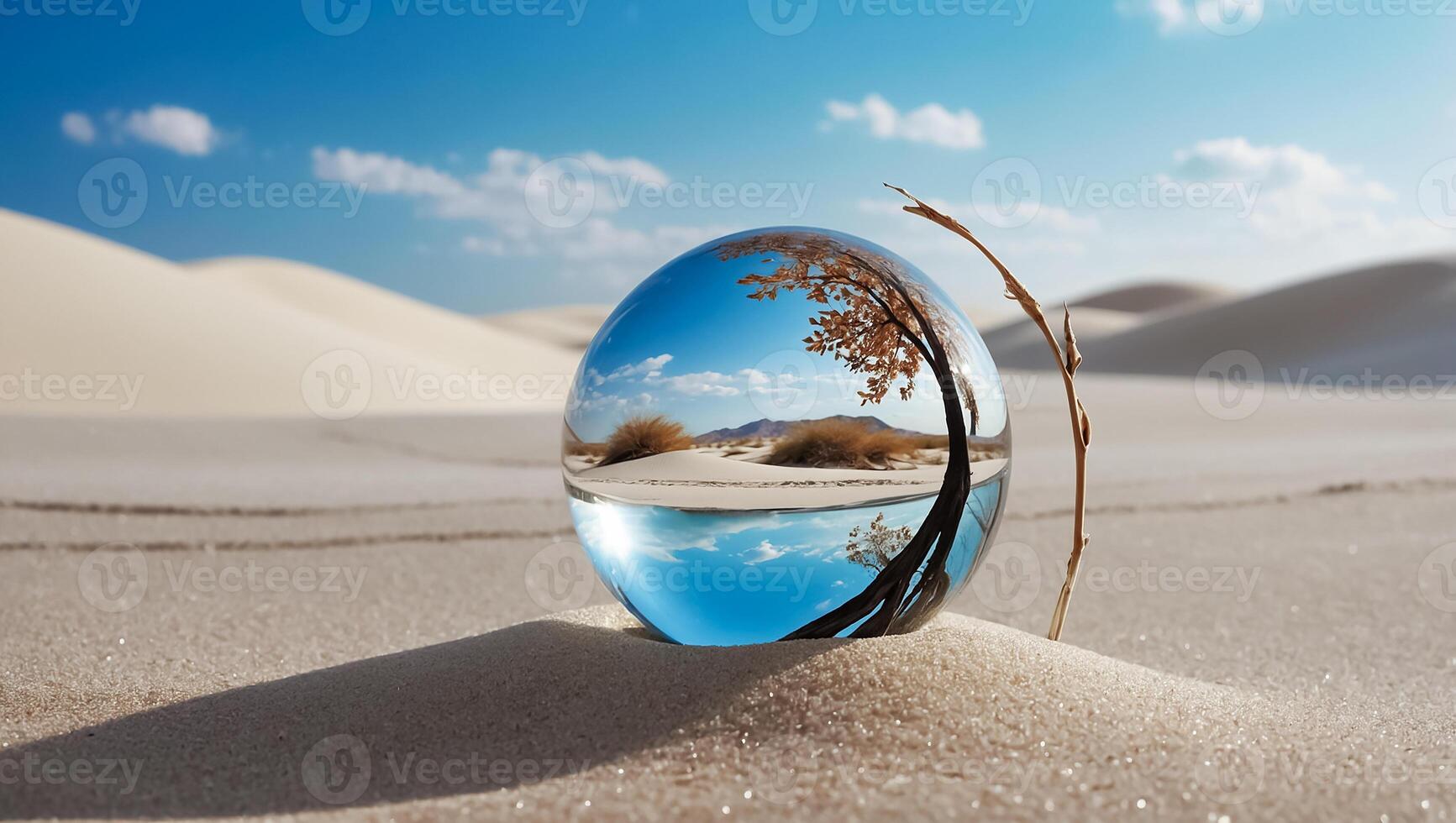 beautiful glass ball, tree, desert sand photo
