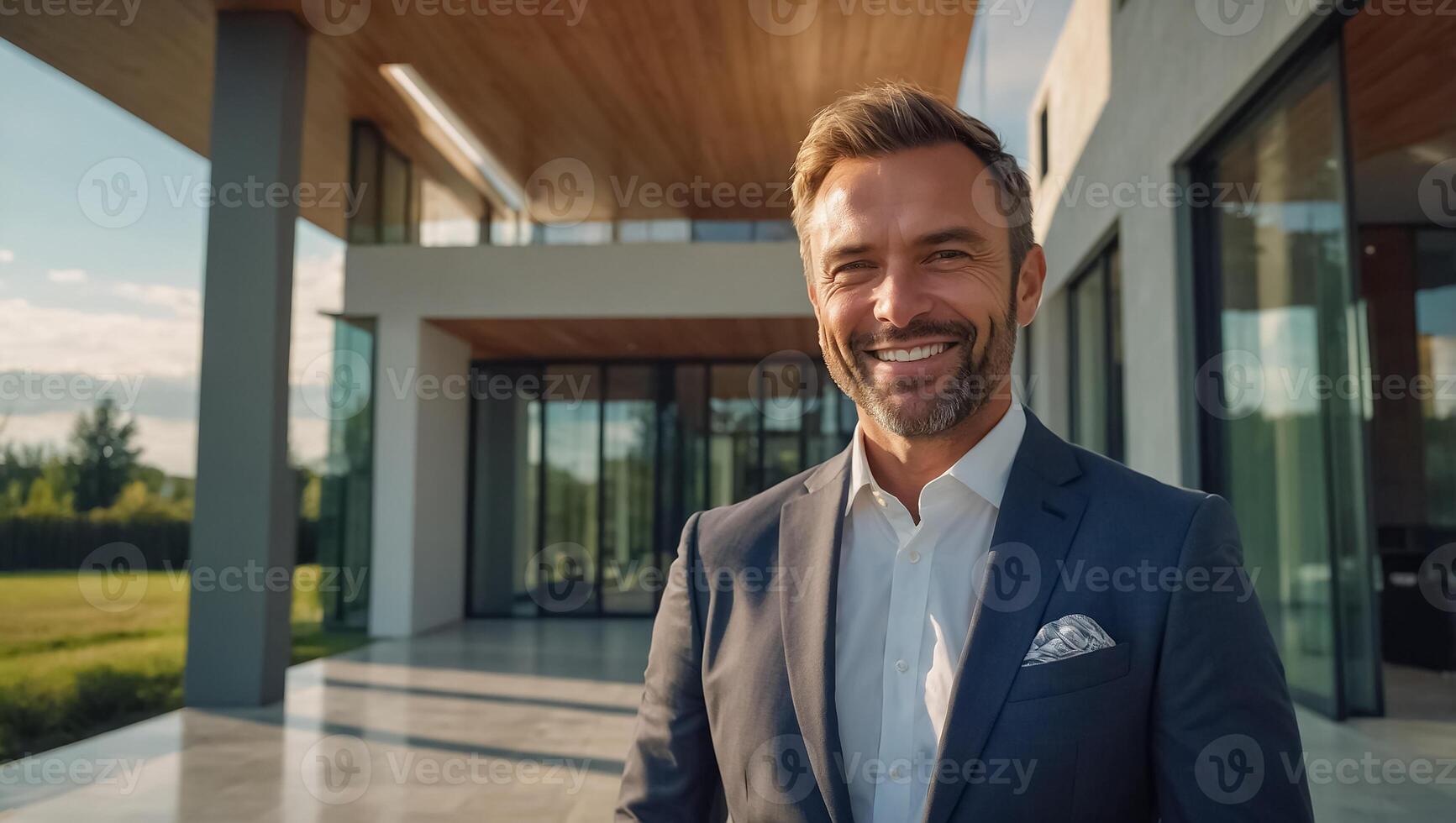 Male realtor near a house in nature photo