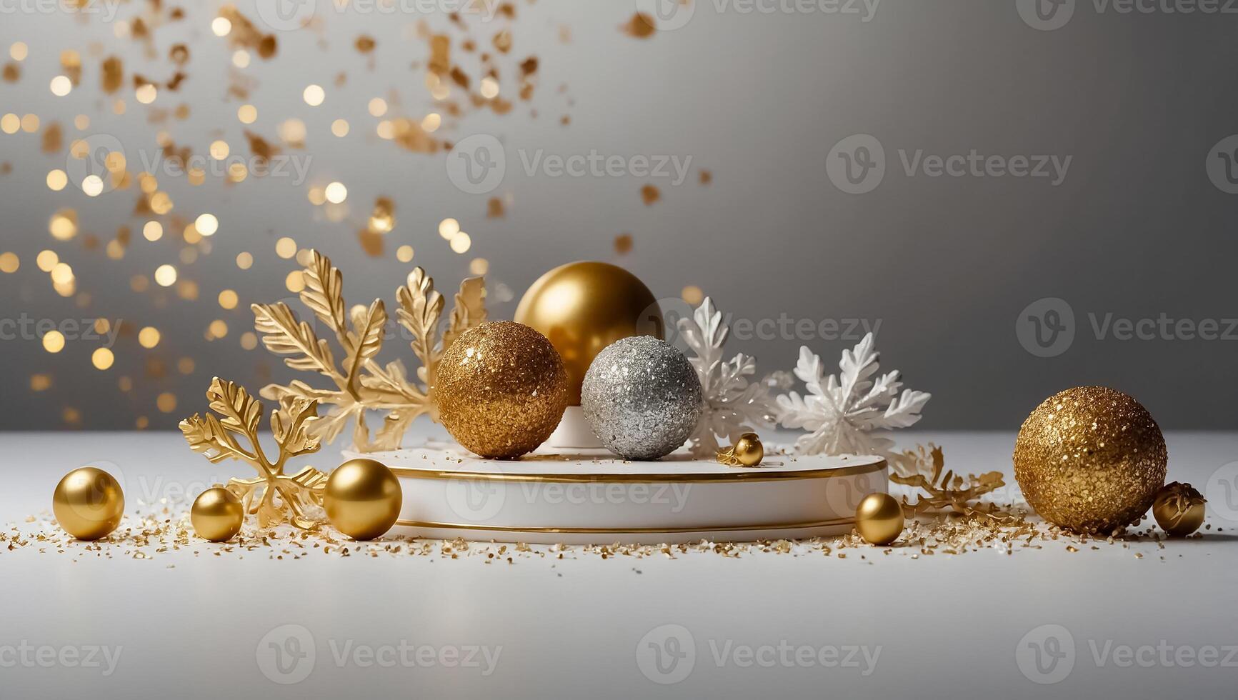 Beautiful golden podium, snowflakes balls photo