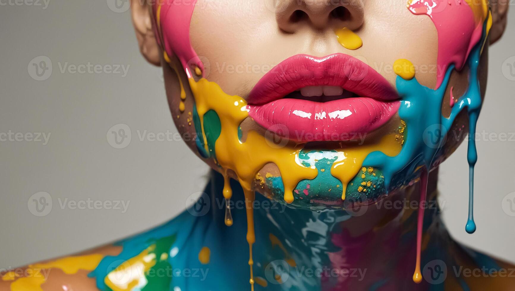 Beautiful girl, lips, paint flows photo