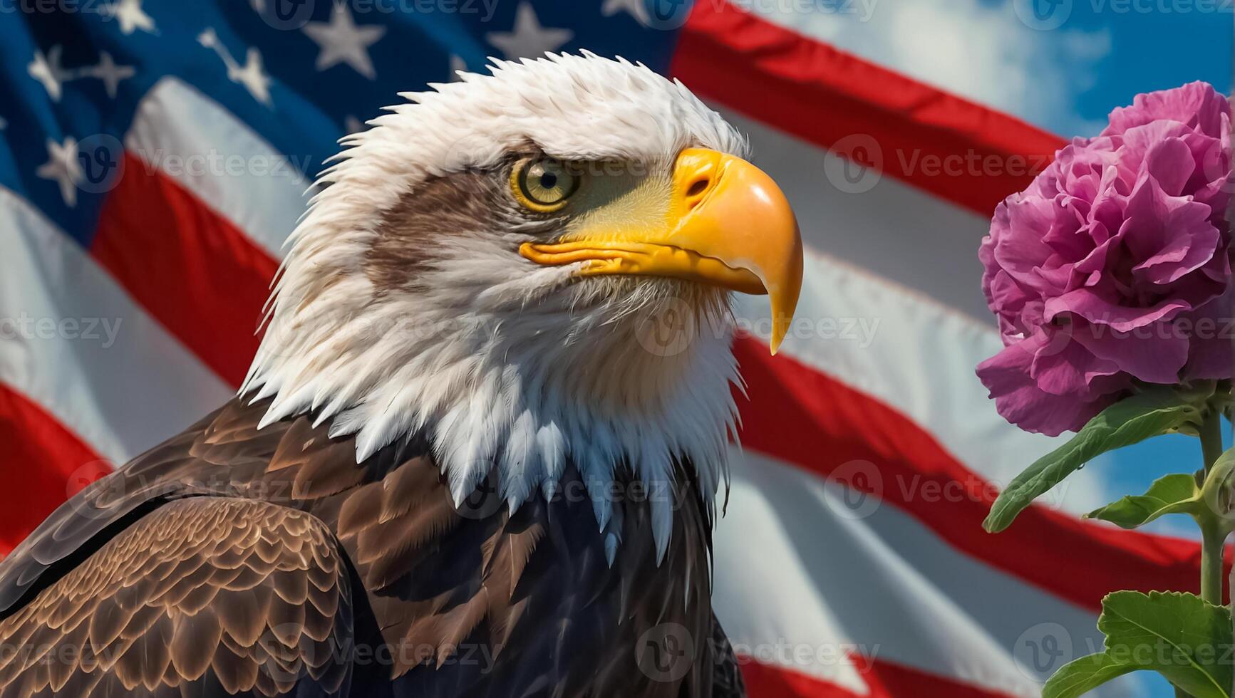 Beautiful eagle bird on the background of the American flag photo