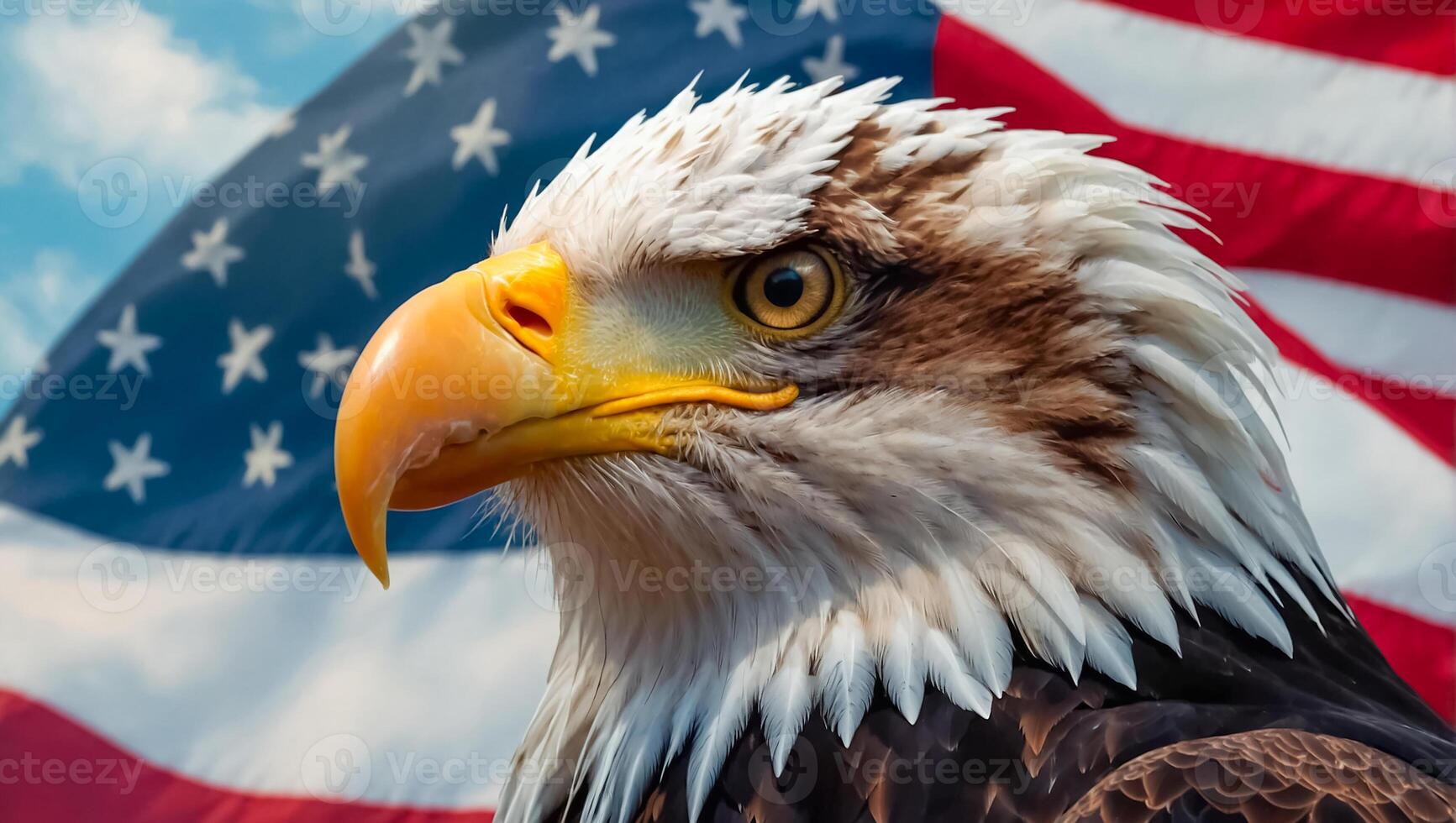 Beautiful eagle bird on the background of the American flag photo