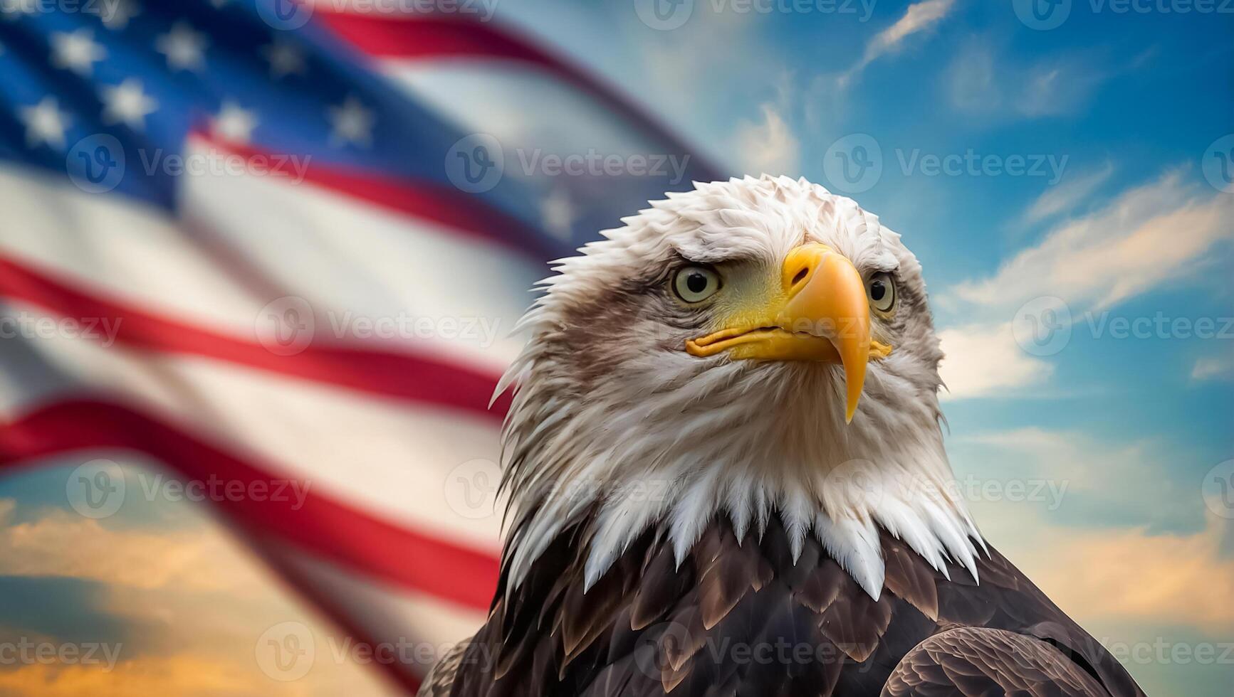 Beautiful eagle bird on the background of the American flag photo