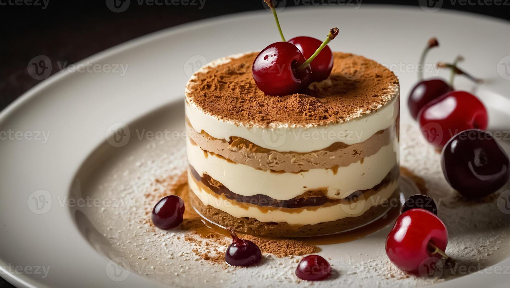 Appetizing tiramisu with cherry, Italian food photo