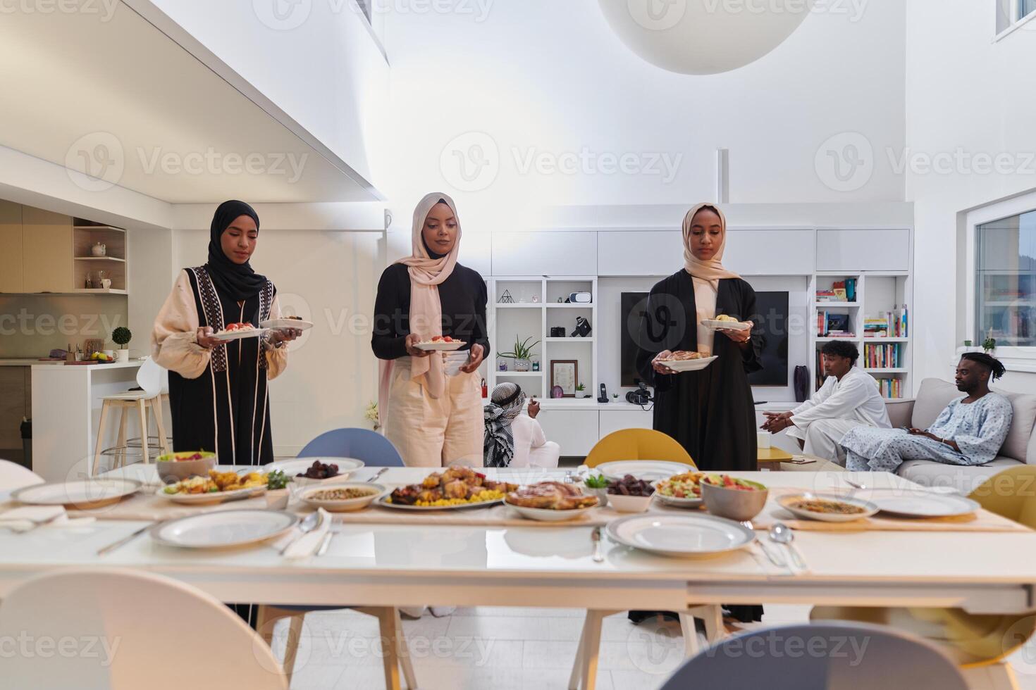 Group of young Arab women come together to lovingly prepare an iftar table during the sacred Muslim month of Ramadan, embodying the essence of communal unity, cultural tradition, and joyous photo