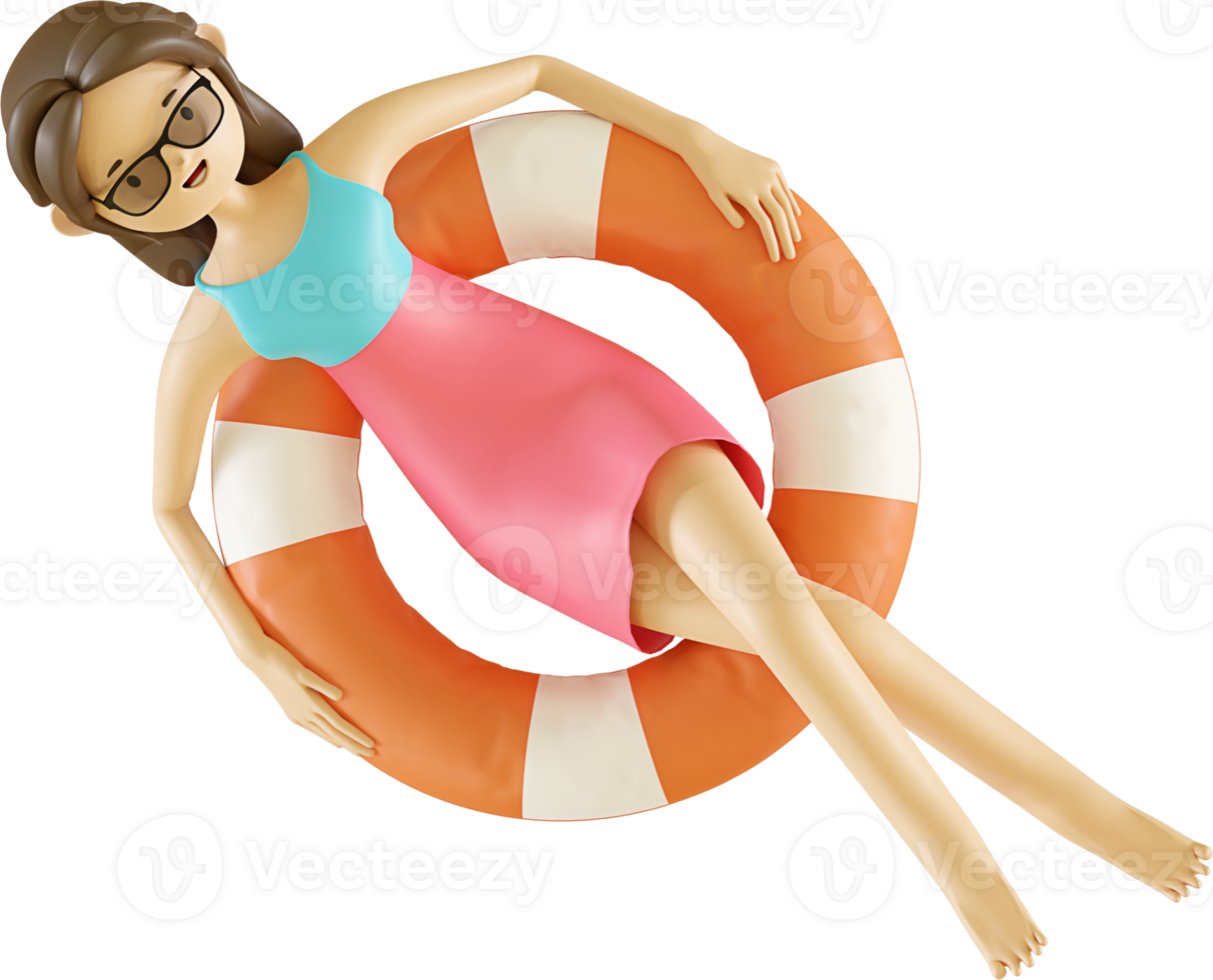3d woman character floating on the beach using a life buoy png