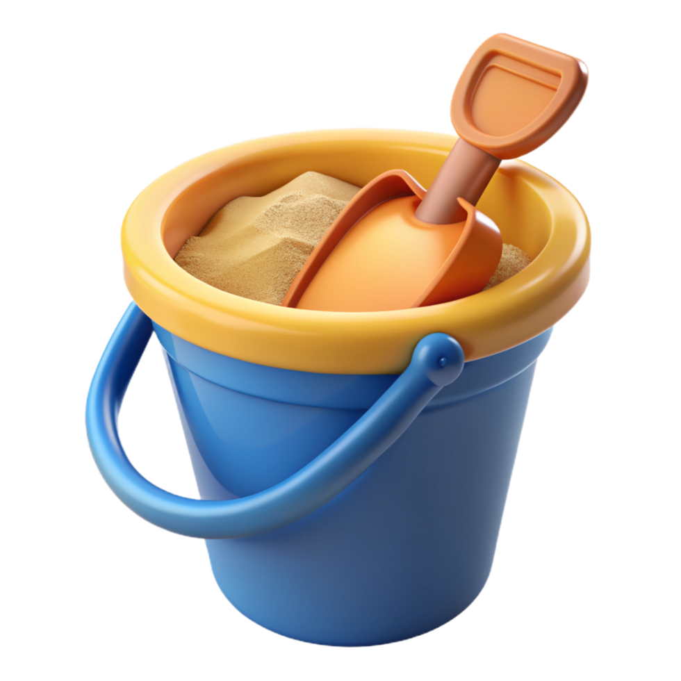Plastic Bucket with Beach Sand and Shovel 3d Image png