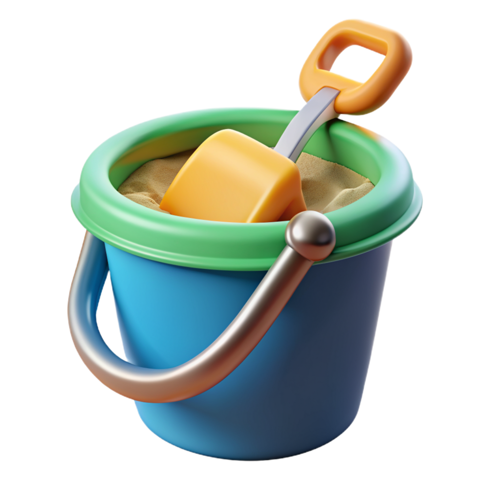 Plastic Bucket with Beach Sand and Shovel 3d Concept png