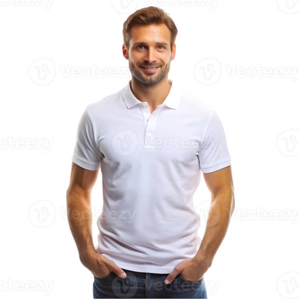 Mockup of a Man Wearing a White Polo Shirt - Isolated on Transparent Background png