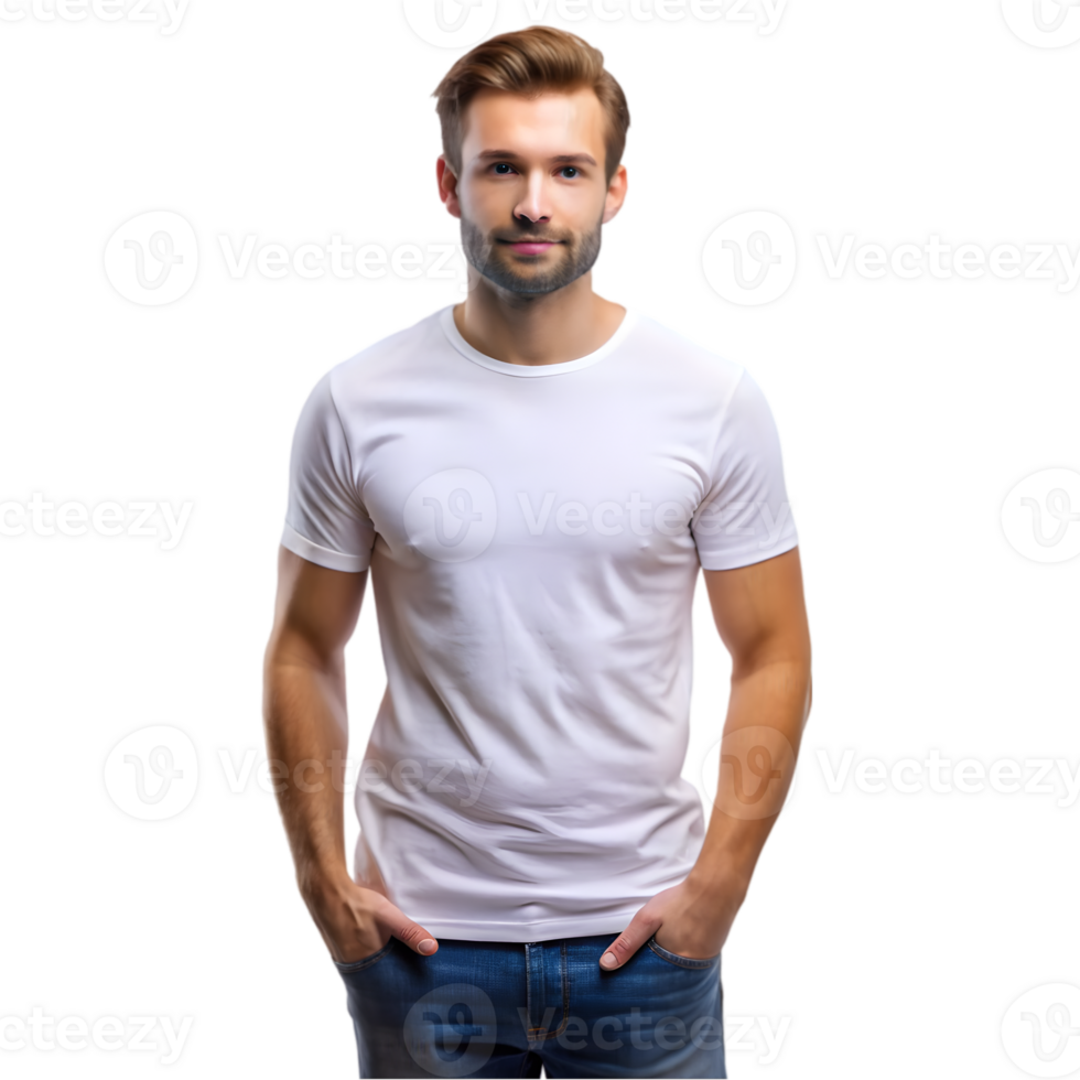 Mockup of a Man Wearing a White tshirt - Isolated on Transparent Background png