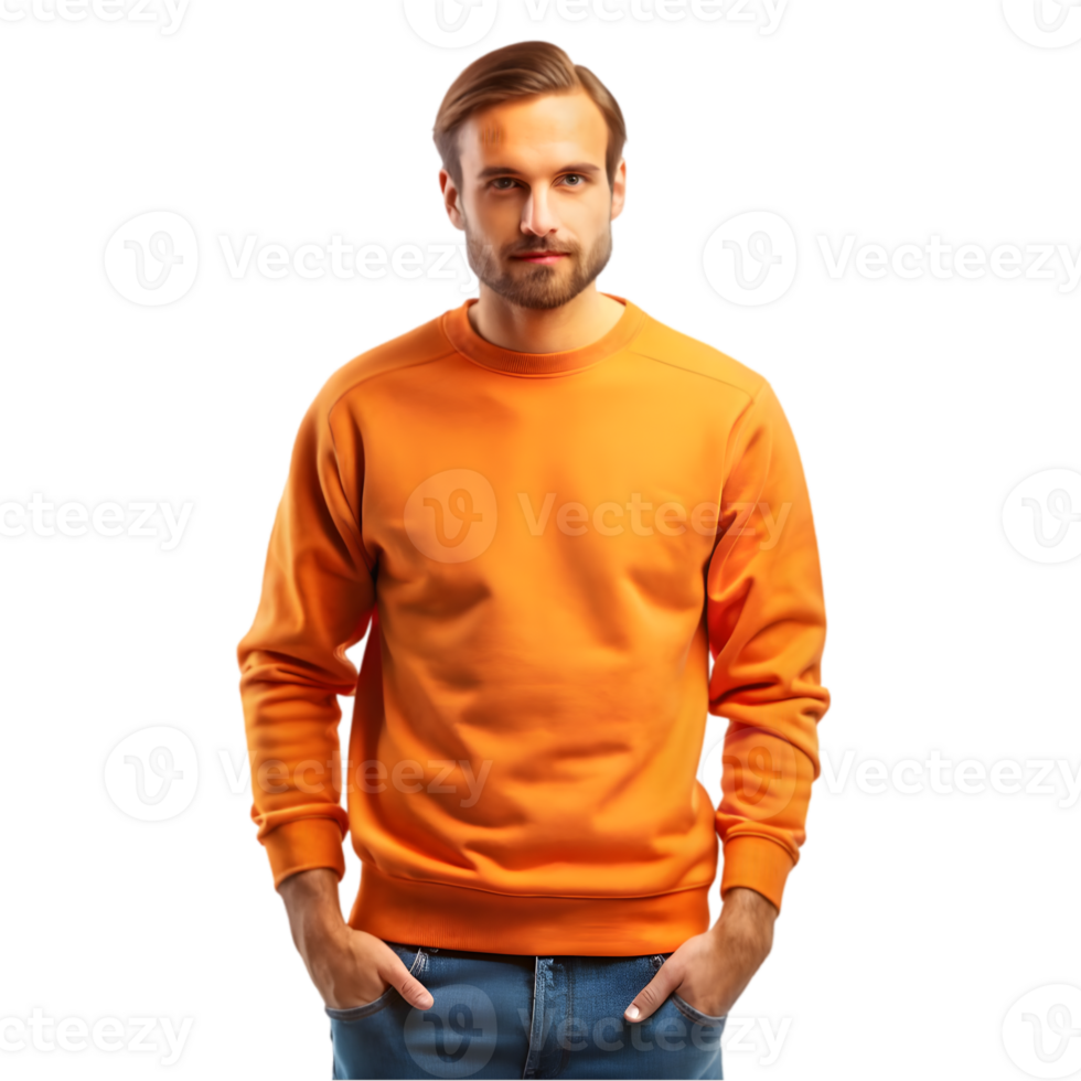 Mockup of a Man Wearing an Orange Sweatshirt - Isolated on Transparent Background png
