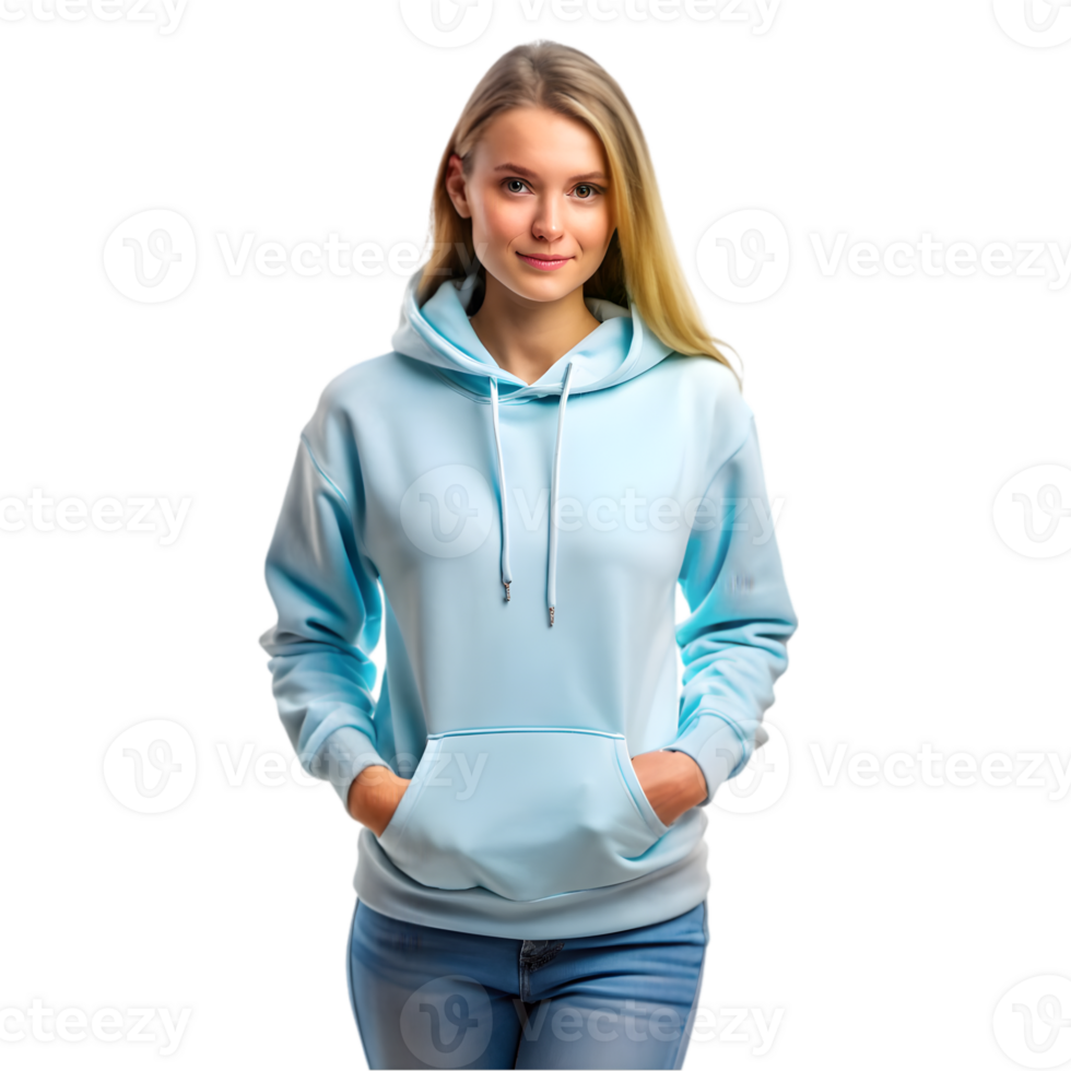 Mockup of a Woman Wearing a Light Blue Hoodie - Isolated on Transparent Background png
