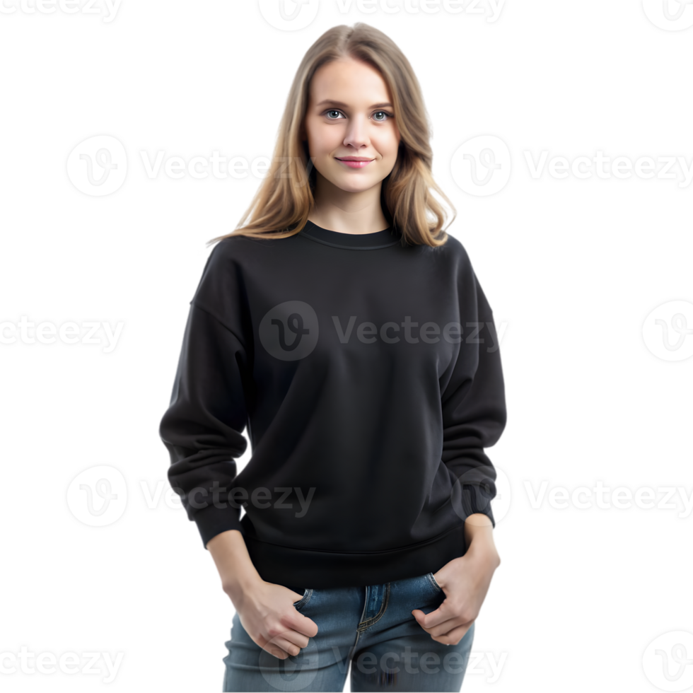 Mockup of a Woman Wearing a Black Sweatshirt - Isolated on Transparent Background png