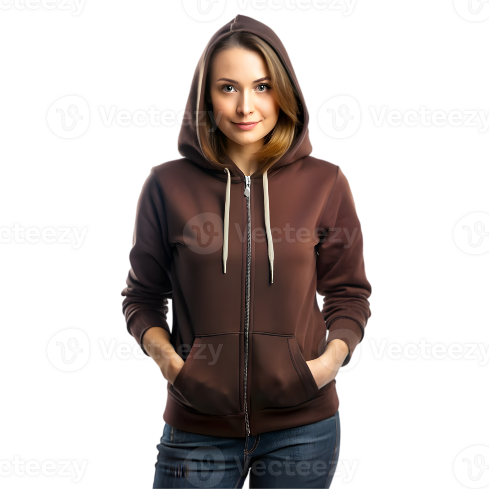 Mockup of a Woman Wearing a Dark Chocolate Hoodie - Isolated on Transparent Background png