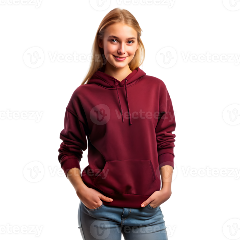Mockup of a Woman Wearing a Maroon Sweatshirt - Isolated on Transparent Background png