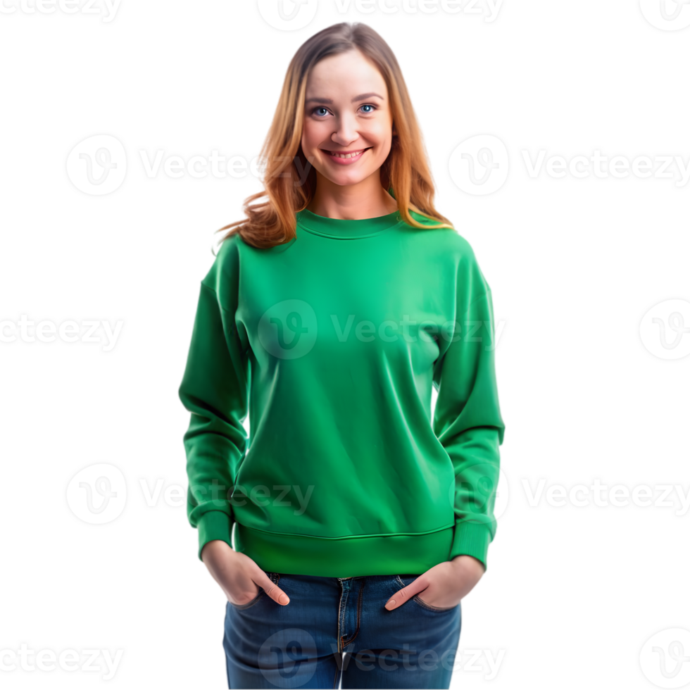 Mockup of a Woman Wearing an Irish Green Sweatshirt - Isolated on Transparent Background png