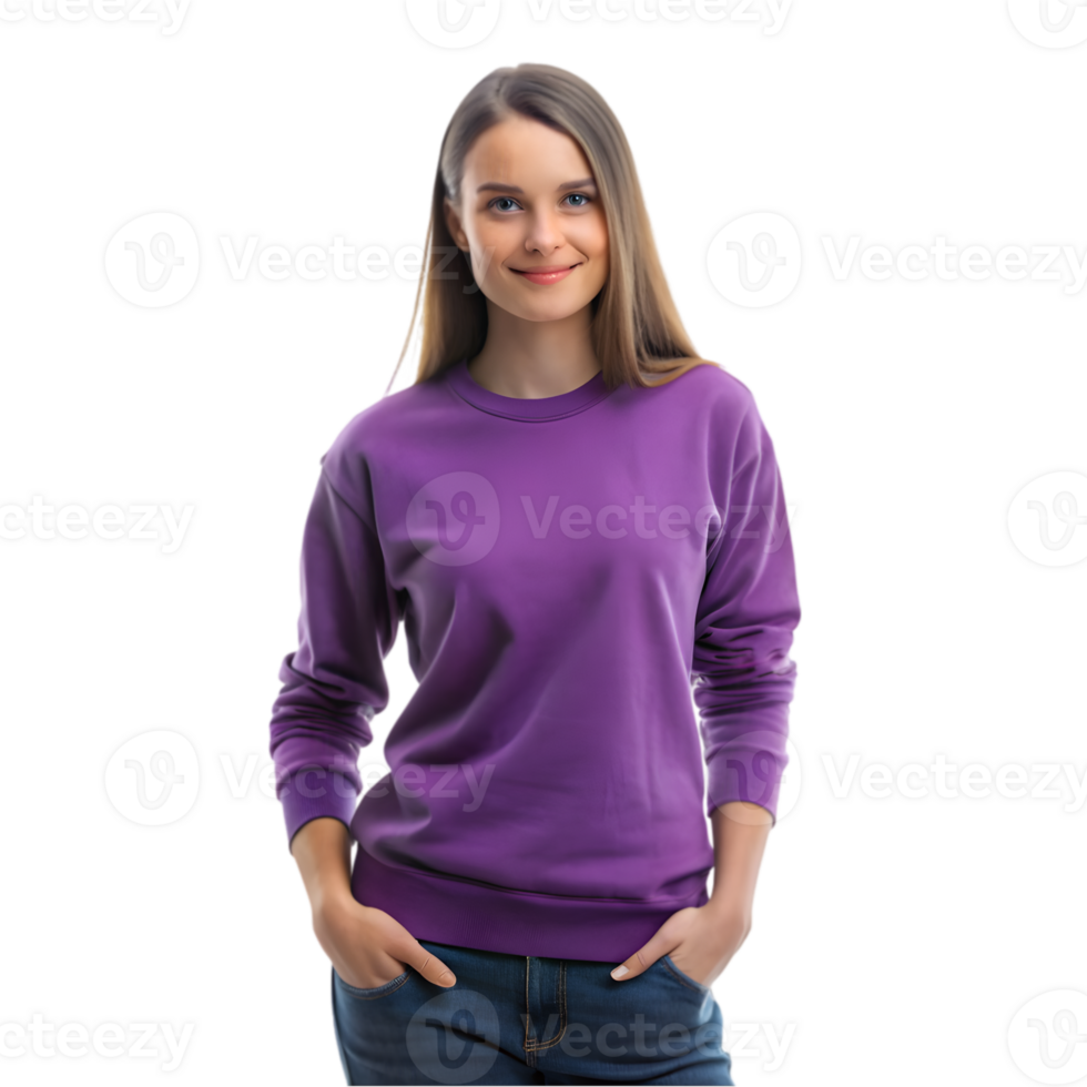 Mockup of a Woman Wearing a Purple Sweatshirt - Isolated on Transparent Background png