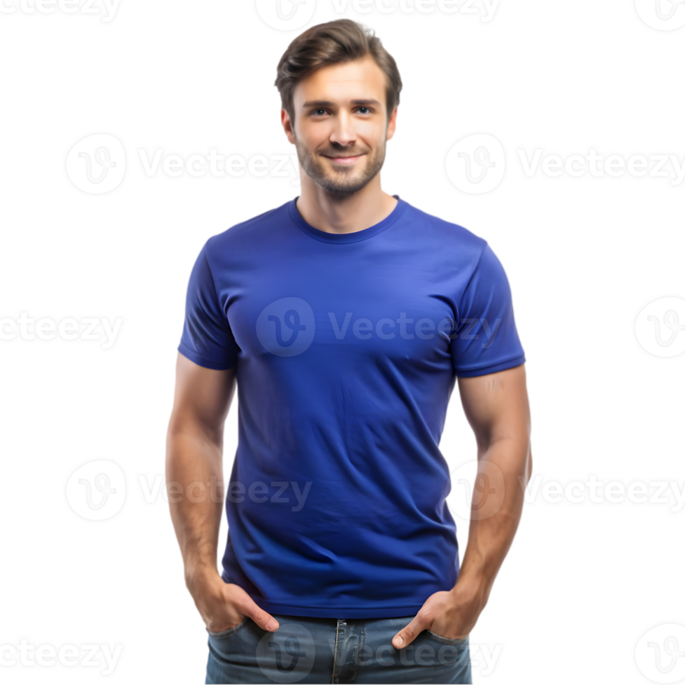 Mockup of a Man Wearing an Indigo Blue tshirt - Isolated on Transparent Background png