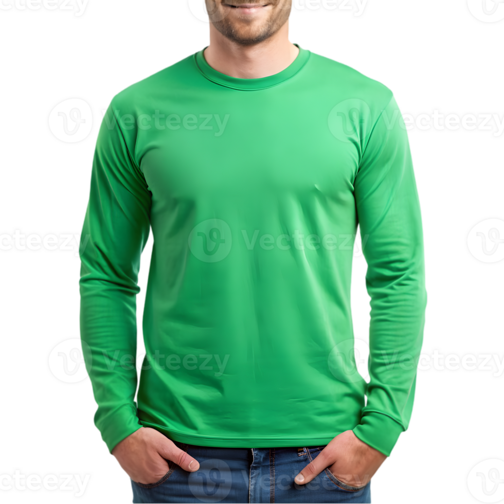 Mockup of a Man Wearing an Irish Green Long Sleeve tshirt - Isolated on Transparent Background png