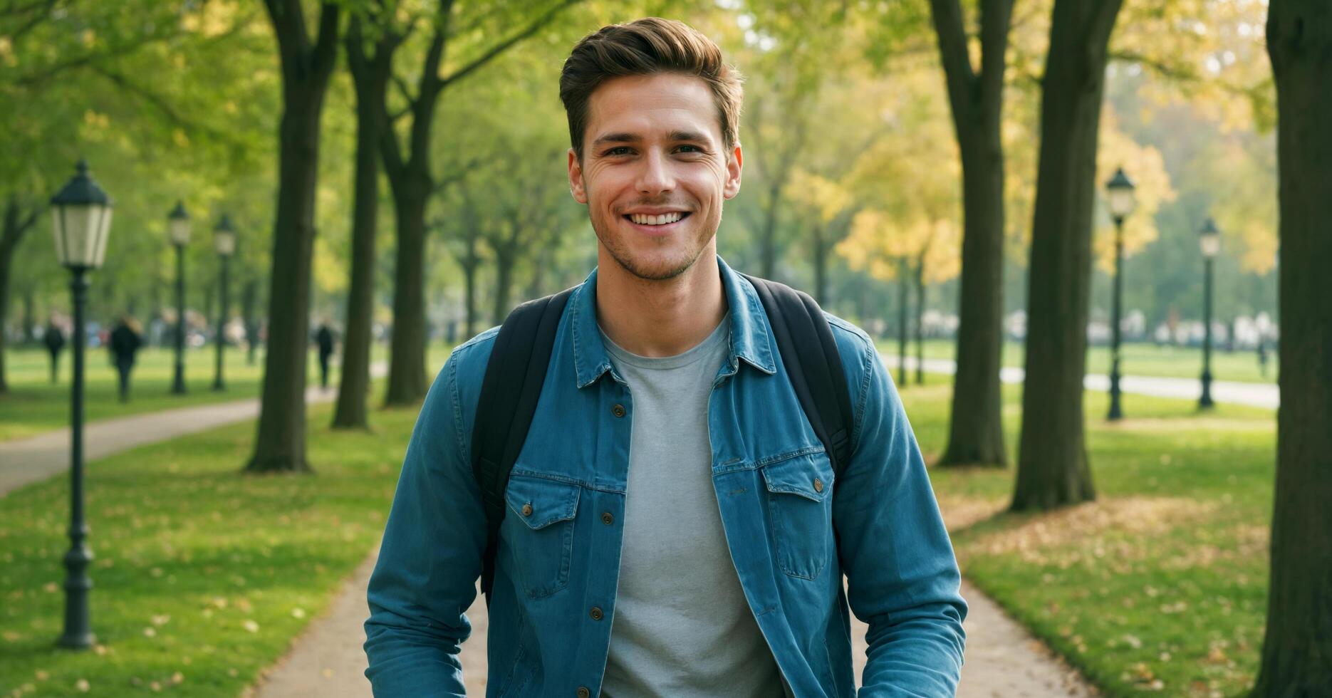 a man wearing denim jacket at the park, bright smile photo