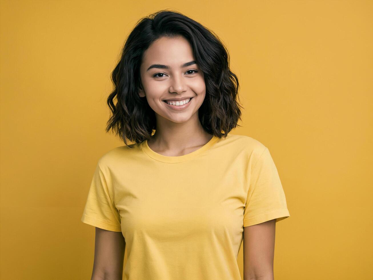 young female wearing yellow short sleeve shirt standing against yellow background photo