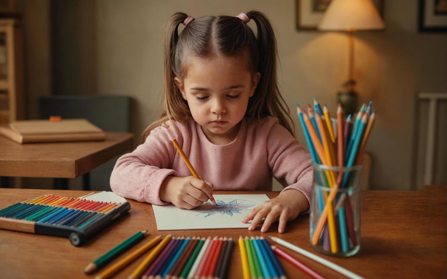 a little girl drawing at a table with various colored pencils, focused expression photo