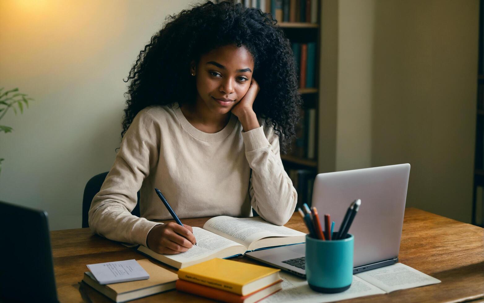 A young black girl with curly black hair studying or doing homework with books and laptop photo