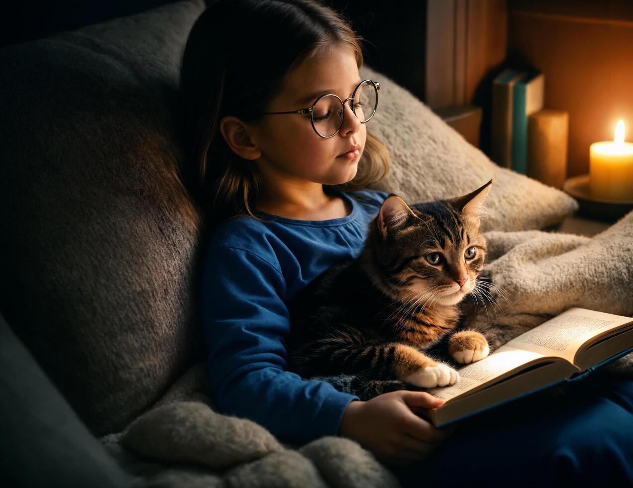 a little girl and her cat snuggled up together while reading a book photo