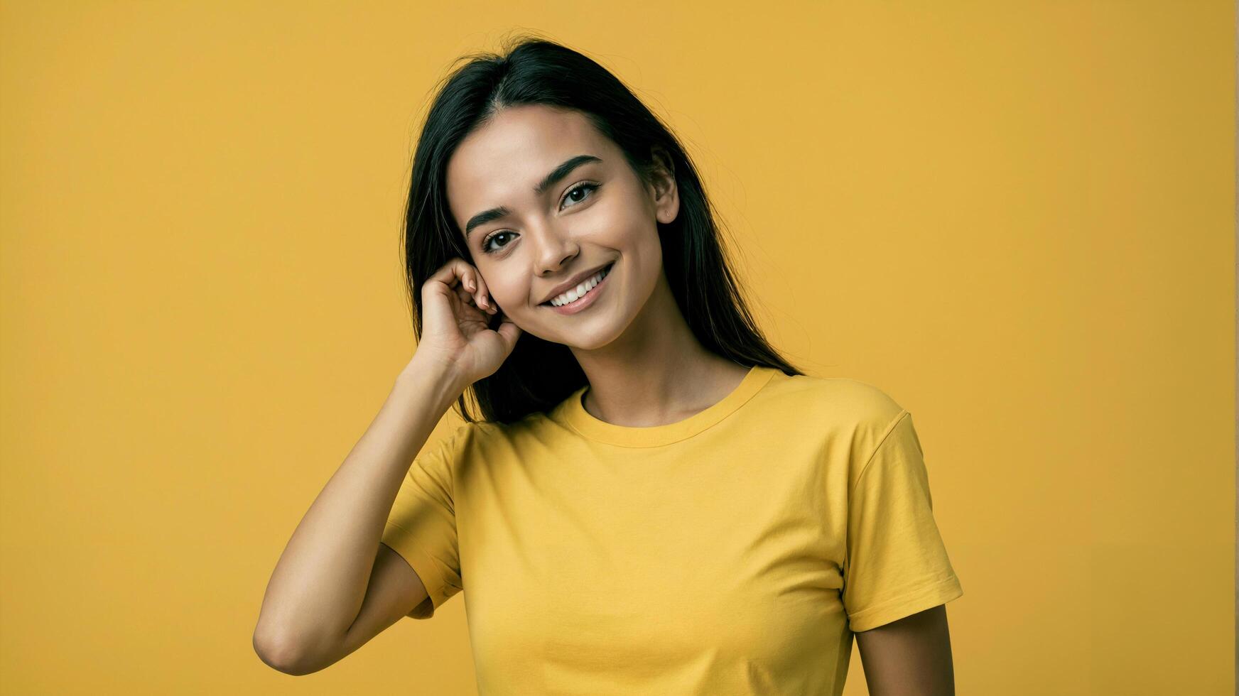 young female wearing yellow short sleeve shirt standing against yellow background photo