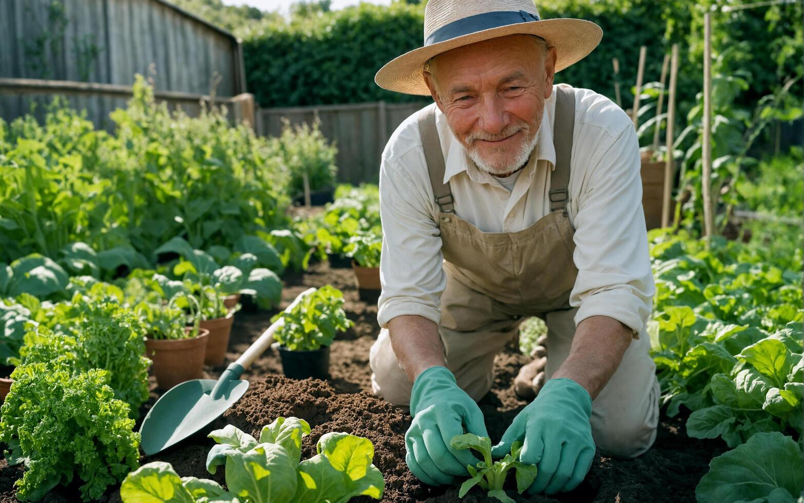An Elderly Man Engaged in Vegetable Gardening photo