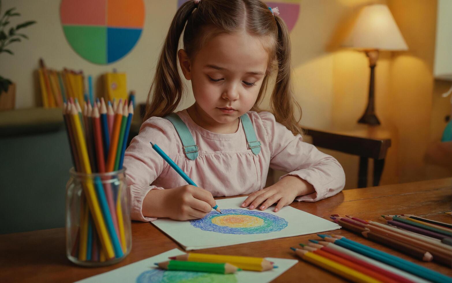 a little girl drawing at a table with various colored pencils, focused expression photo