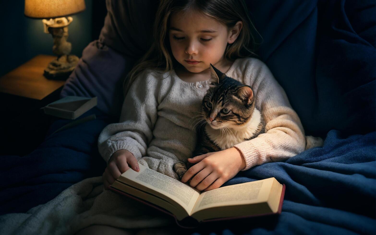 a little girl and her cat snuggled up together while reading a book photo