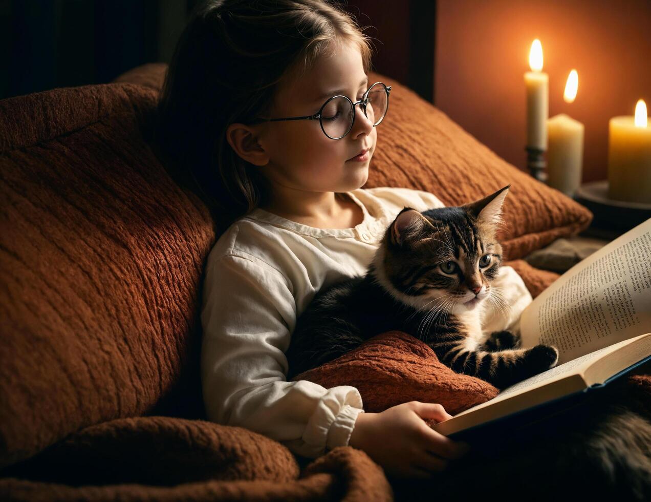 a little girl and her cat snuggled up together while reading a book photo