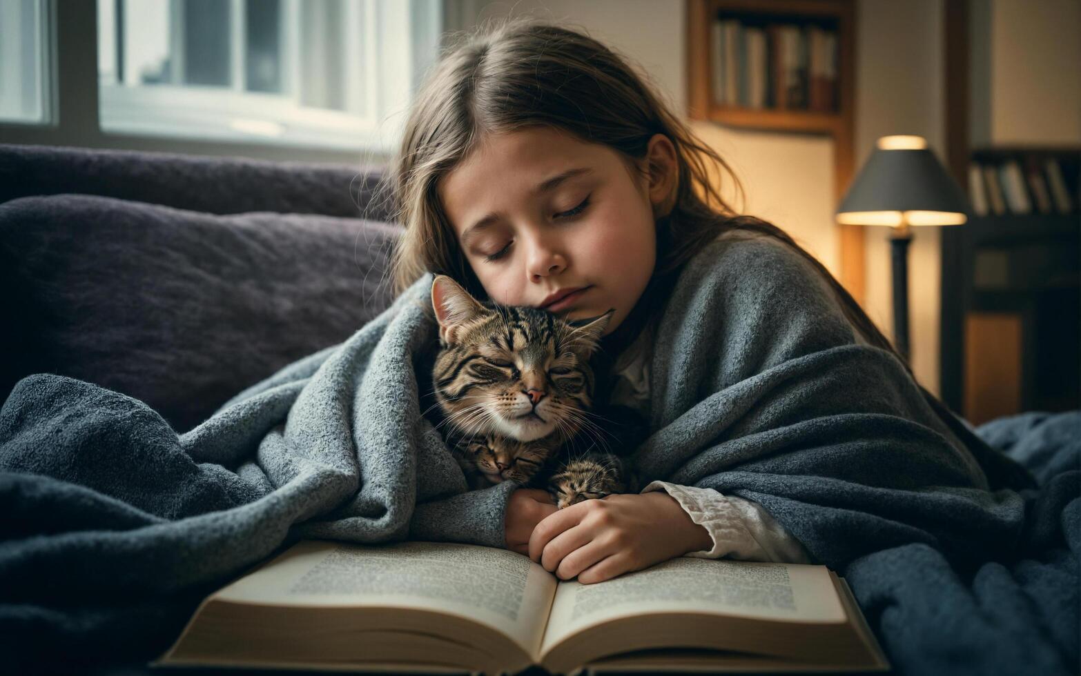 a little girl and her cat snuggled up together while reading a book photo