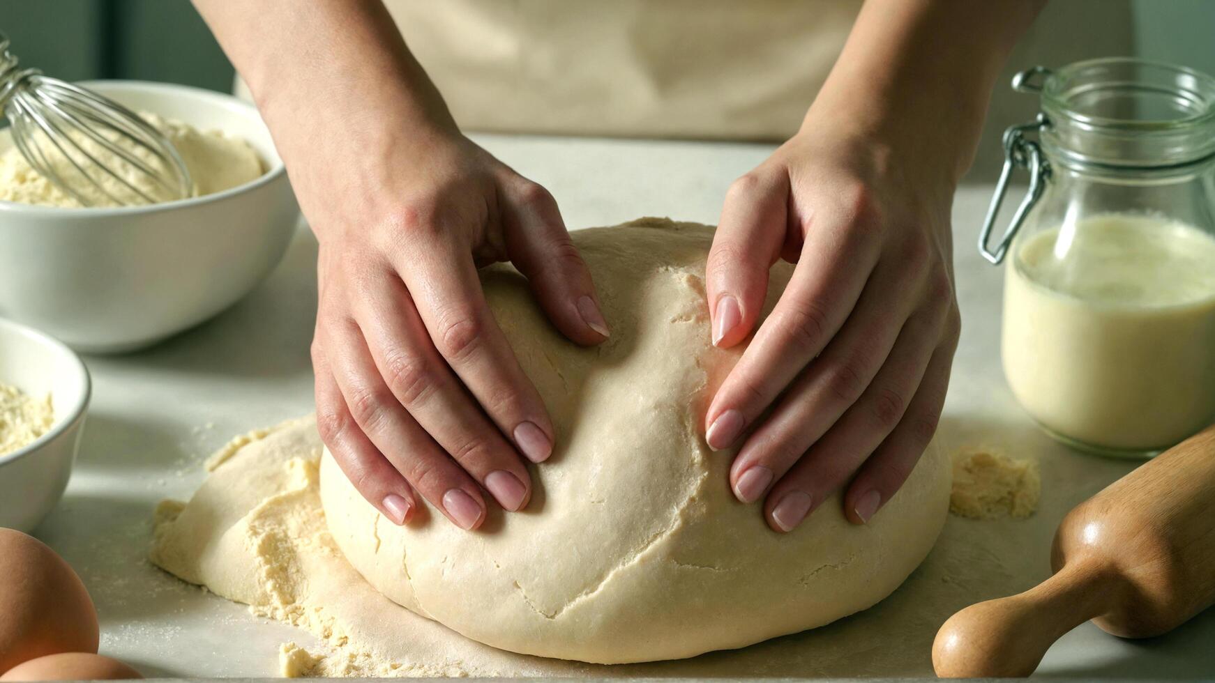 A close-up of a woman's hands preparing fresh dough or baking ingredients on a kitchen counter photo