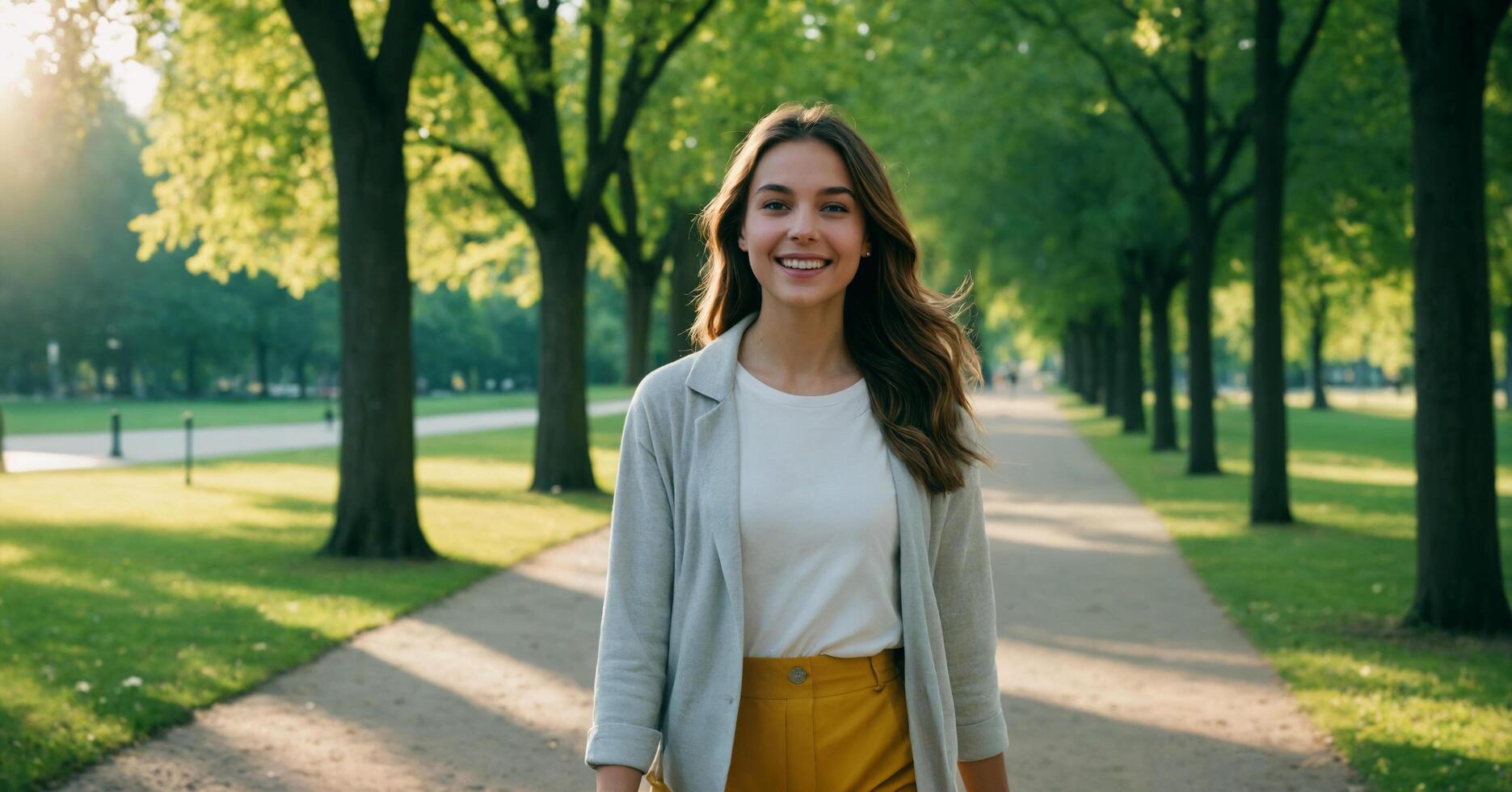 A young woman at the park with bright smile photo