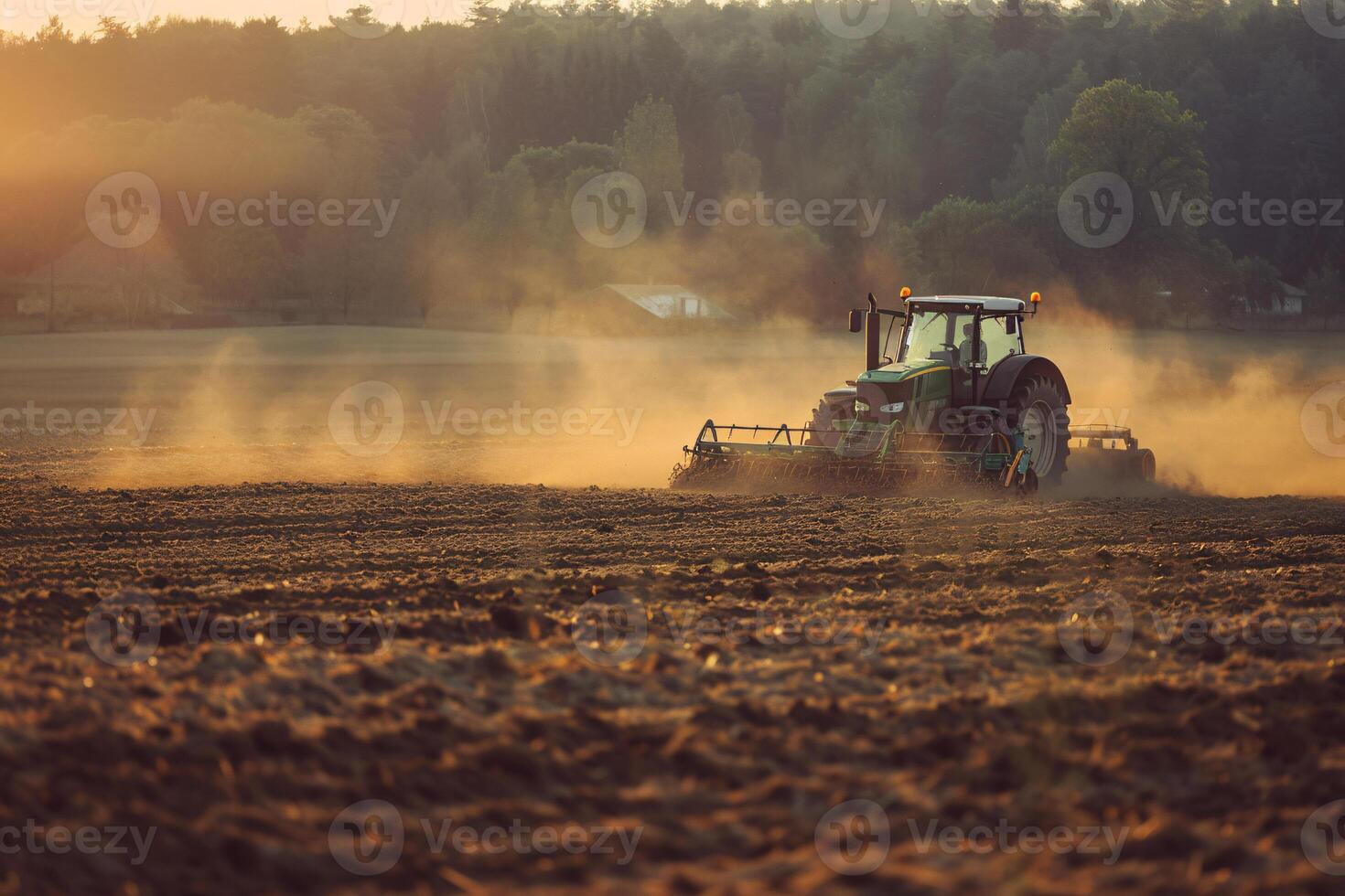 a tractor is plowing a field at sunset photo
