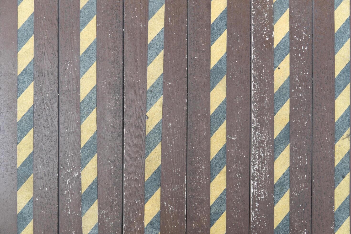 Background and texturd above view of SHERA artificial wood panels. with Yellow and black anti-slip strips to prevent accidents. Backgund is install use in the walkway. photo