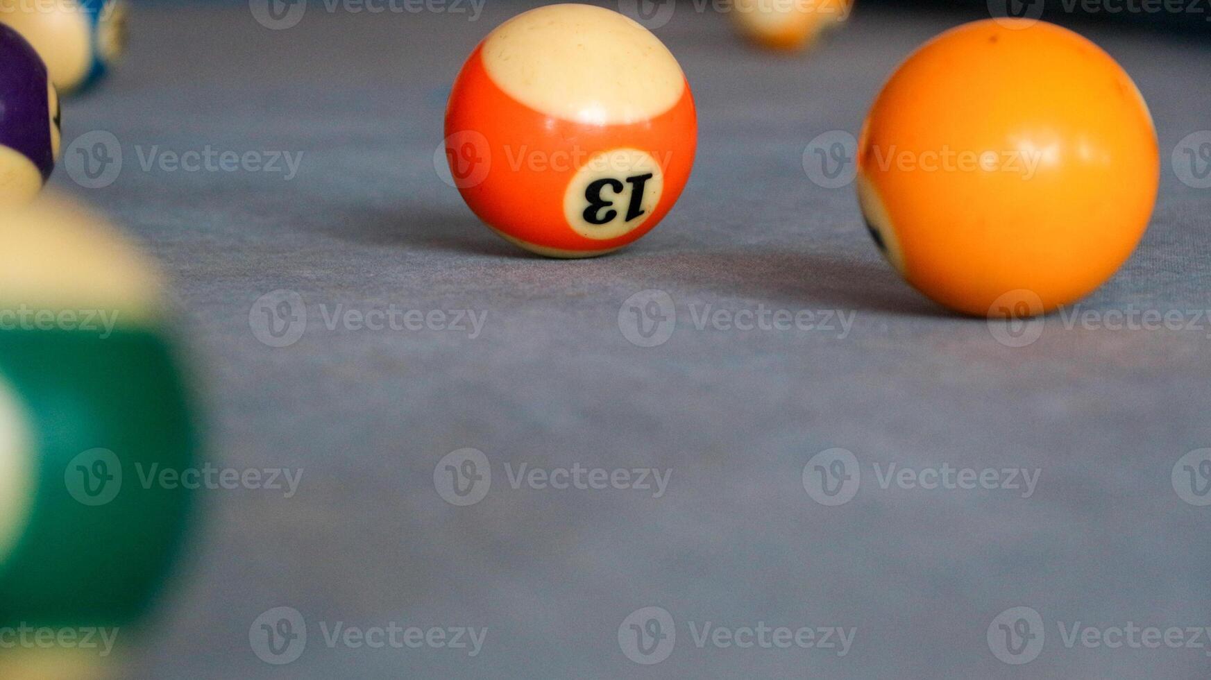 Billiards sports game. Multi-colored billiard balls with numbers on the pool table. Active recreation and entertainment. photo