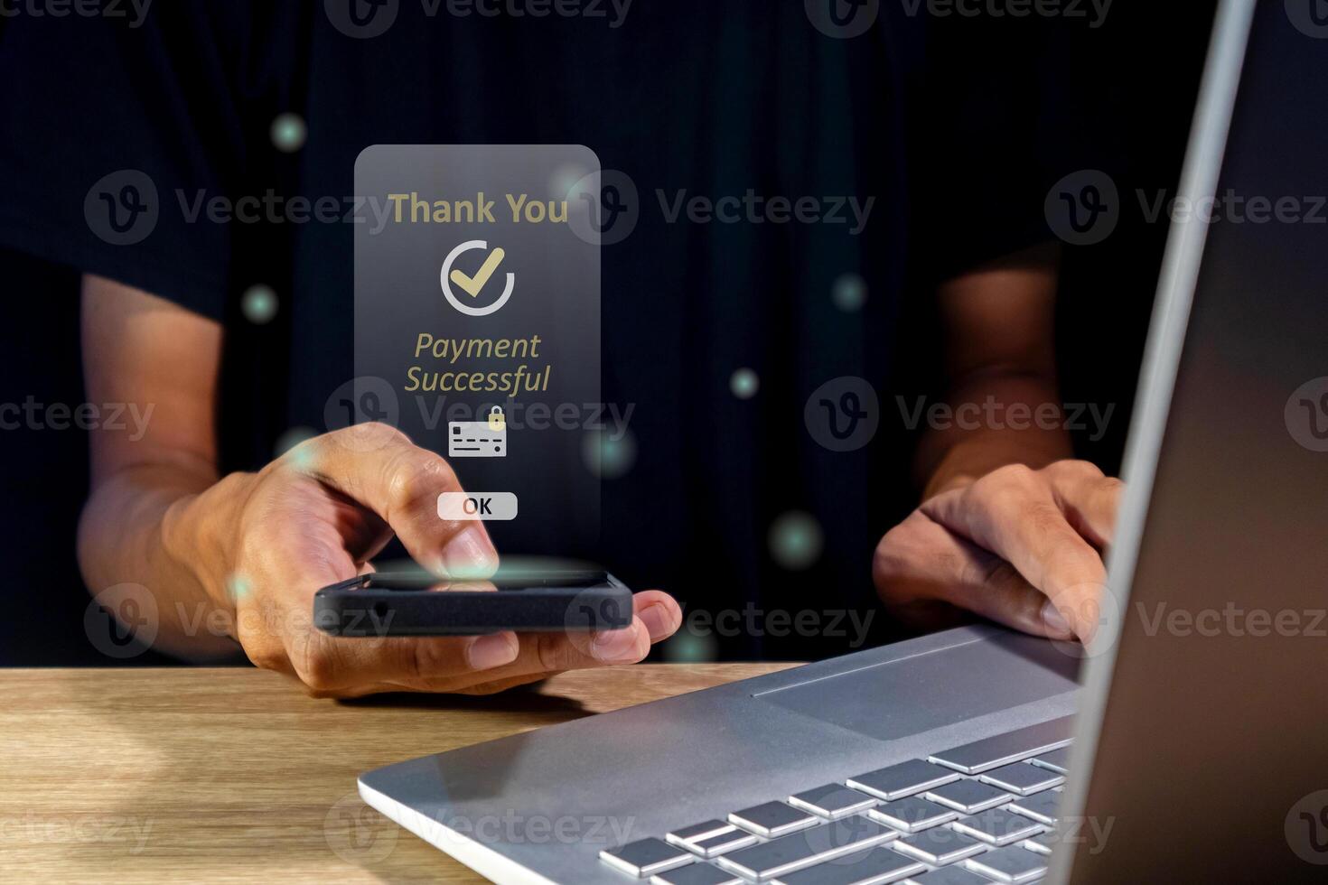 Man making payment for online shopping using a smartphone. Online payment concept. photo